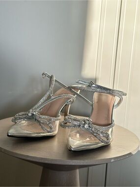 Silver Embellished Pointed-Toe Heels with Bow Accent